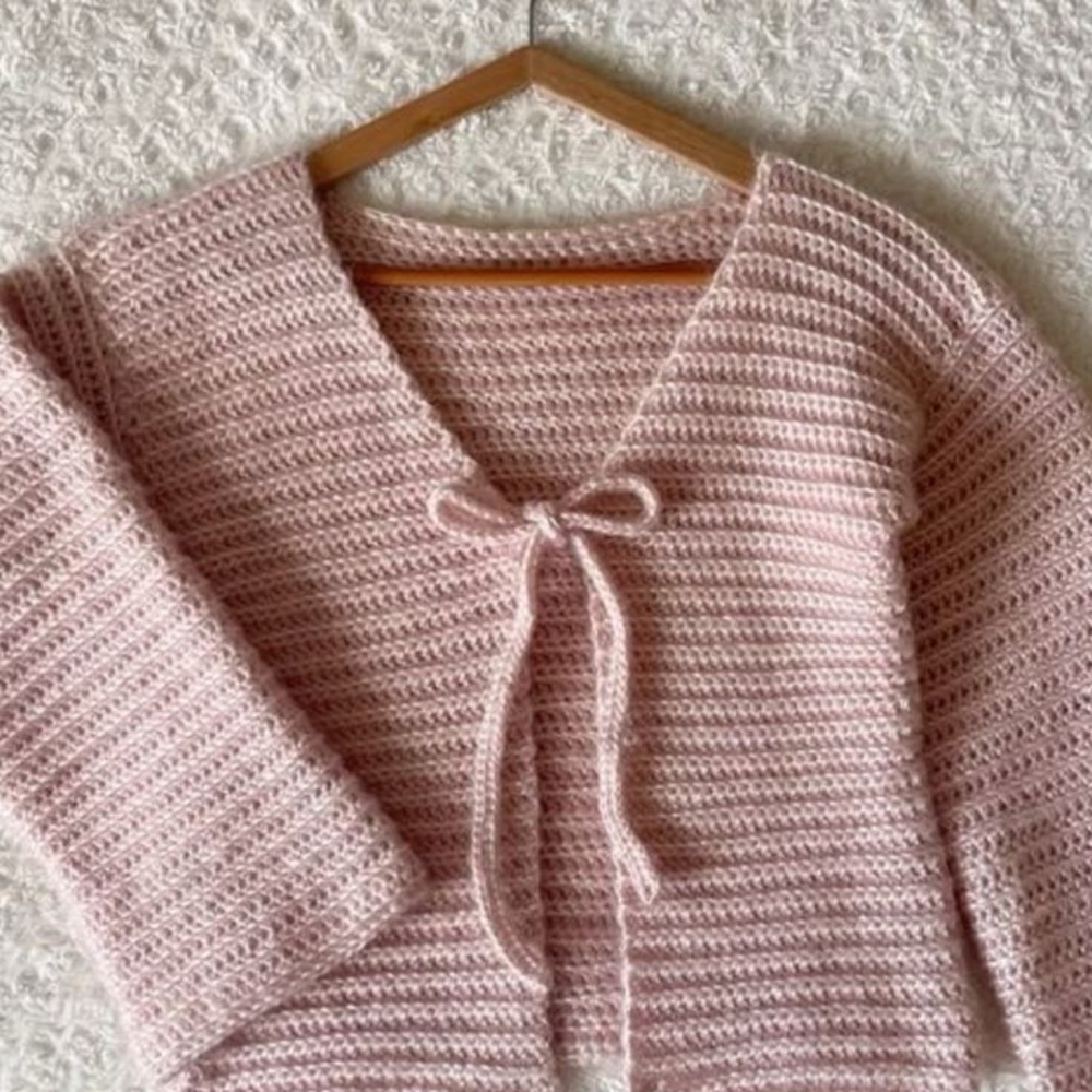 Pink Crochet Sweater with Bow Detail